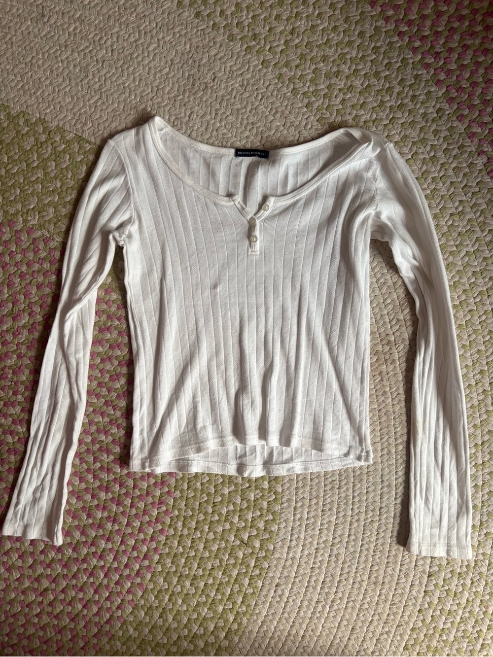 Brandy Melville White Ribbed Long Sleeve Henley Tee